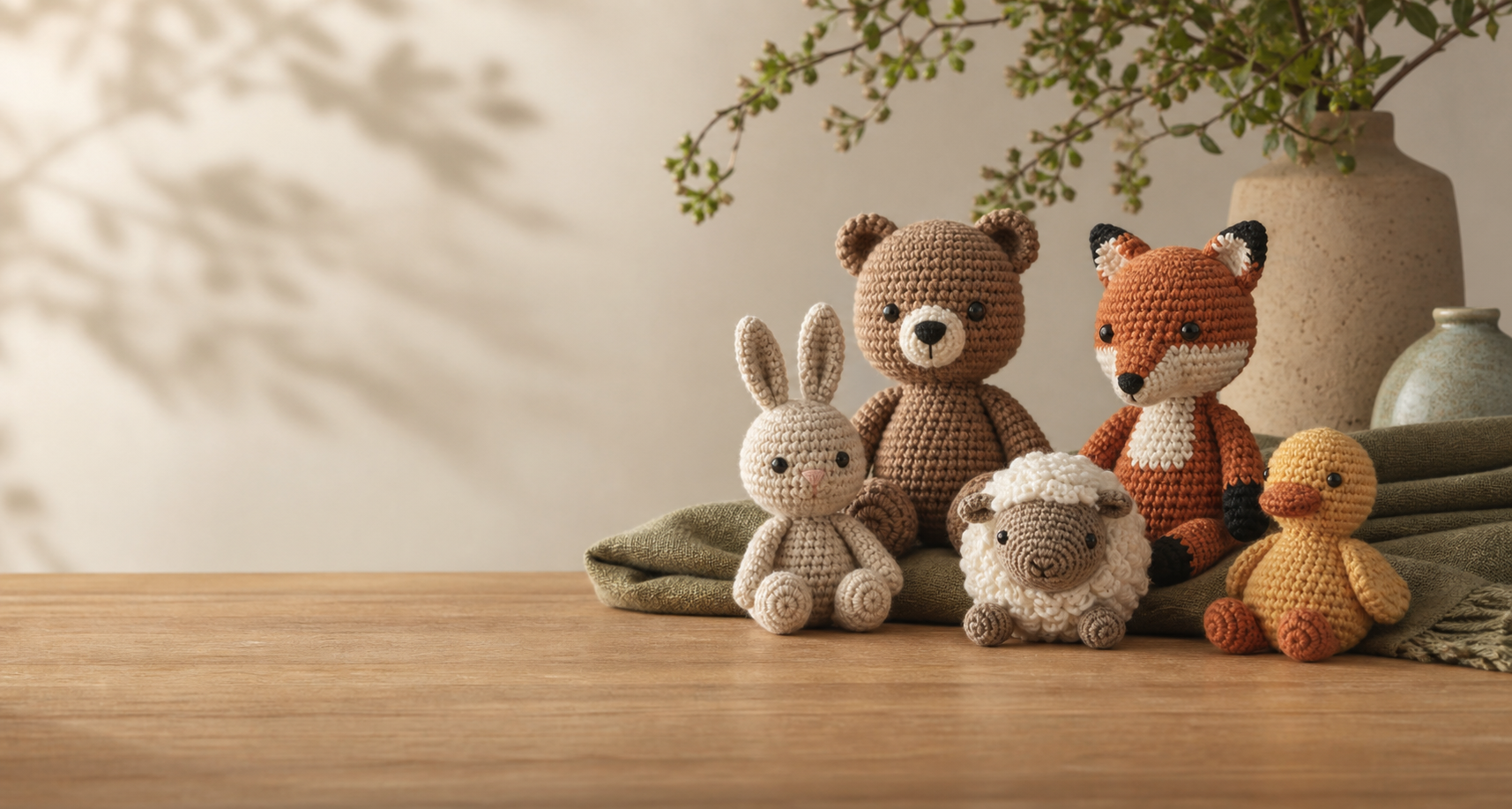 Crocheted yarn bunny, bear, fox, and sheep arranged on a wooden table
